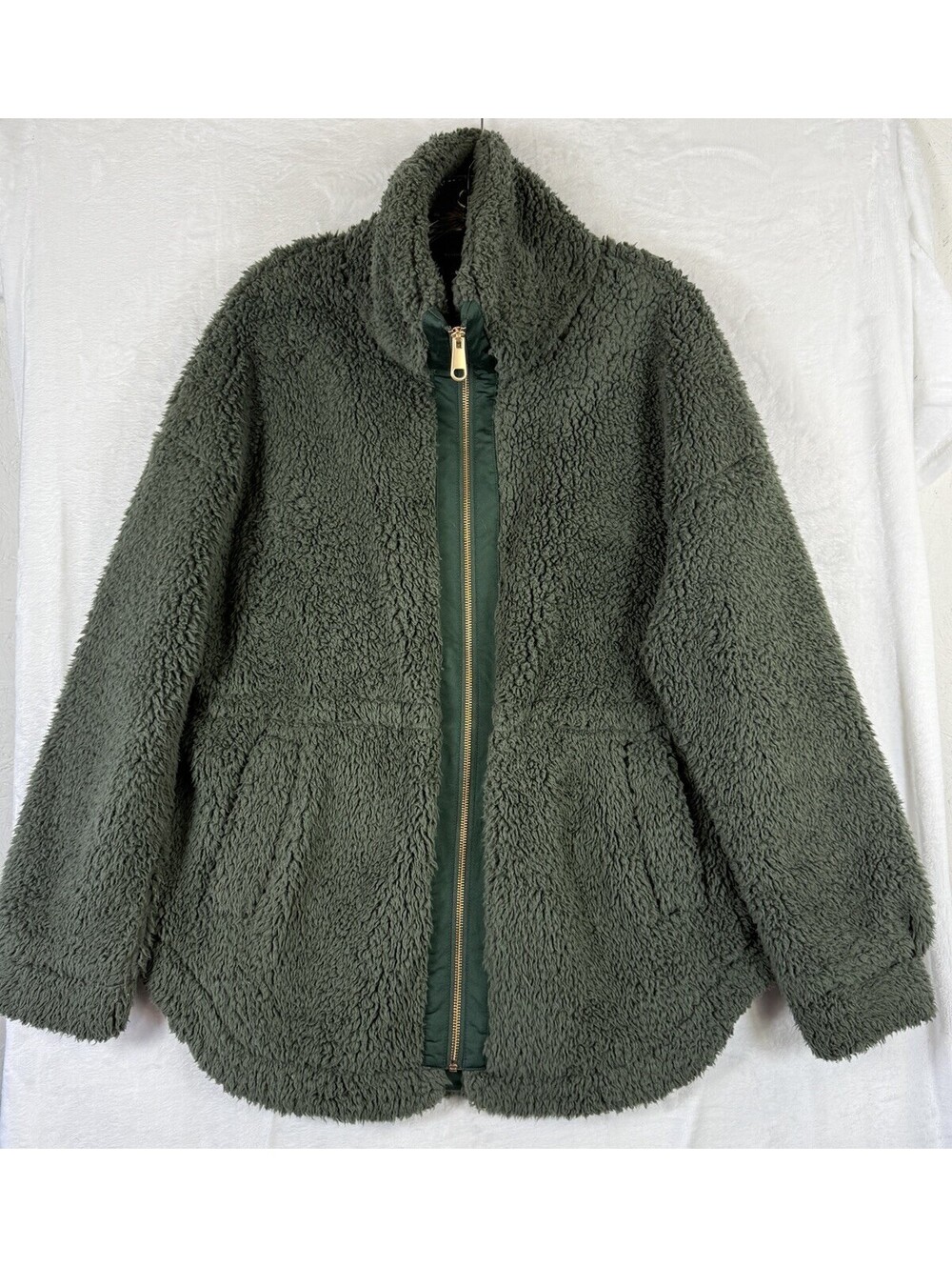 Summer Salt Sherpa Jacket Large Women Olive Green Deep Pile Full Zip Summersalt